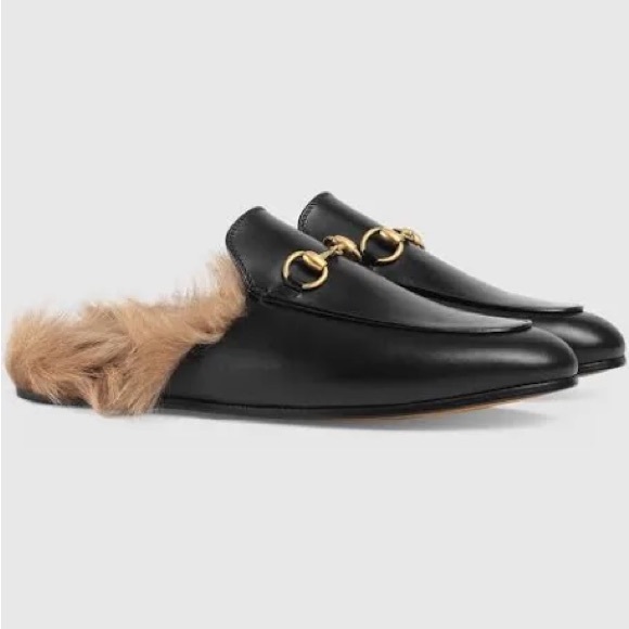 Gucci Shoes - Gucci Black Leather Mules with Fur Trim